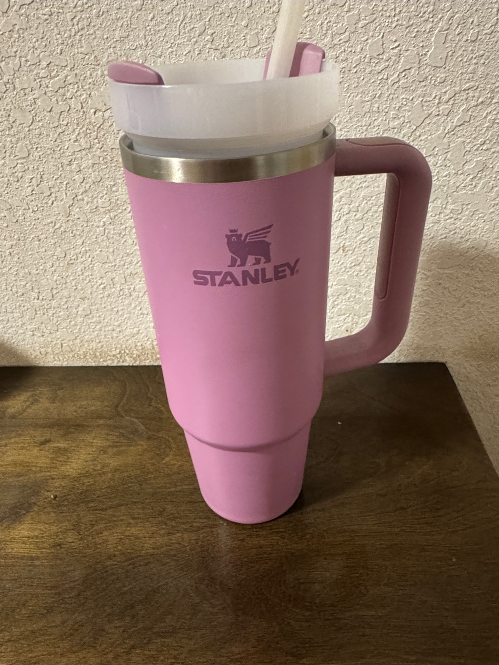 Stanley Pink Travel Mug with Silver Rim and Handle